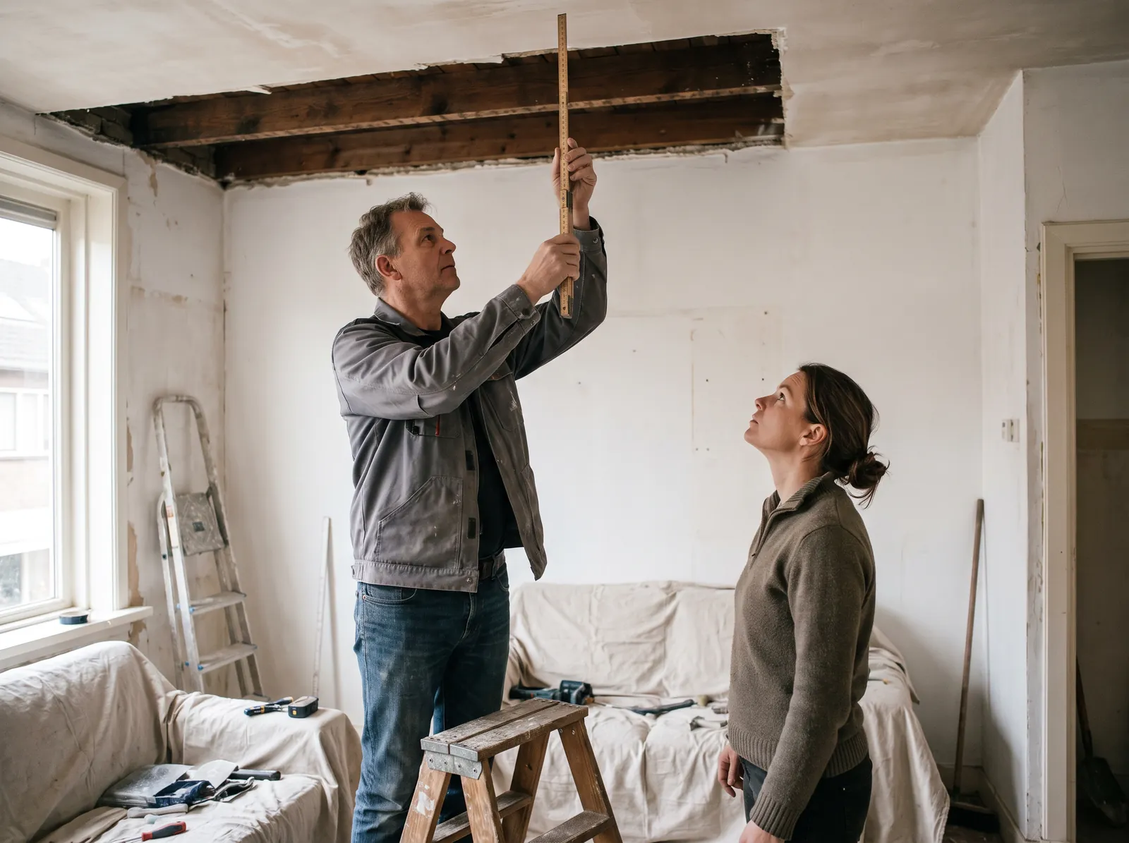 Een constructeur meet een balk in een opengewerkt plafond terwijl de bewoner meekijkt