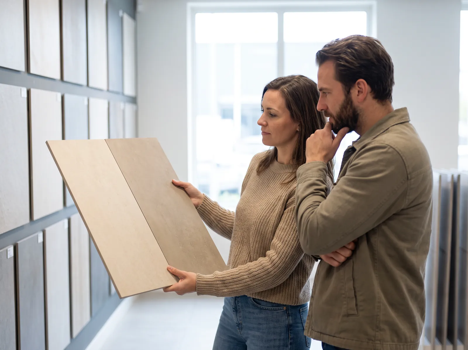 Een stel kiest in een showroom tussen twee vloertegels