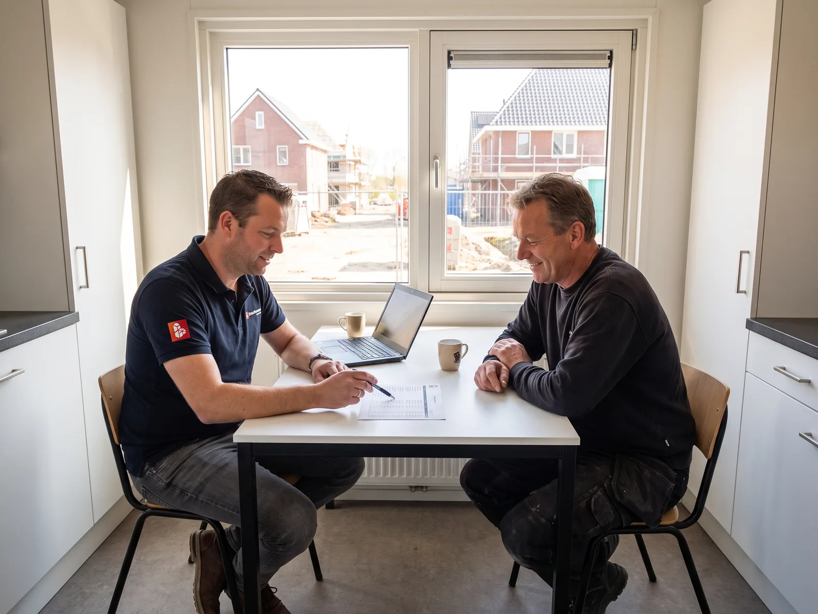 Onze bouwkundige bespreekt aan tafel het verslag met de eigenaar van een bouwbedrijf