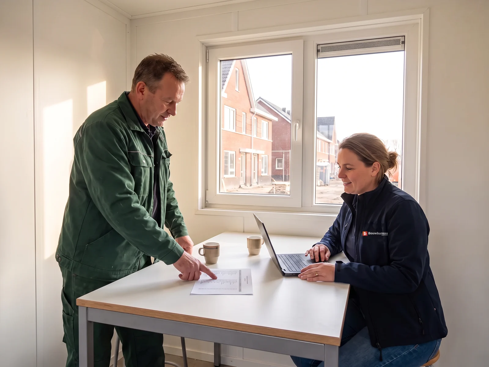 Projectleider van Bouwbureau Nederland en de directeur van een bouwbedrijf bespreken de meerwerklijst aan tafel in de bouwkeet