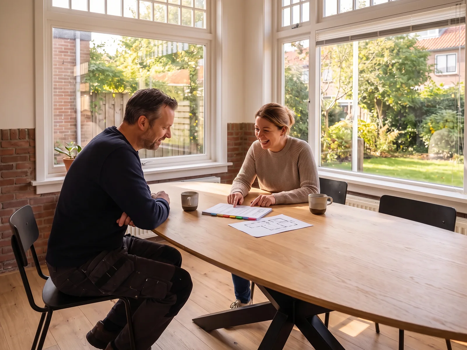 Een bewoonster en onze opnemer lopen aan een ovale tafel met een zwart stalen onderstel samen een begroting door, ontspannen, in zacht middaglicht