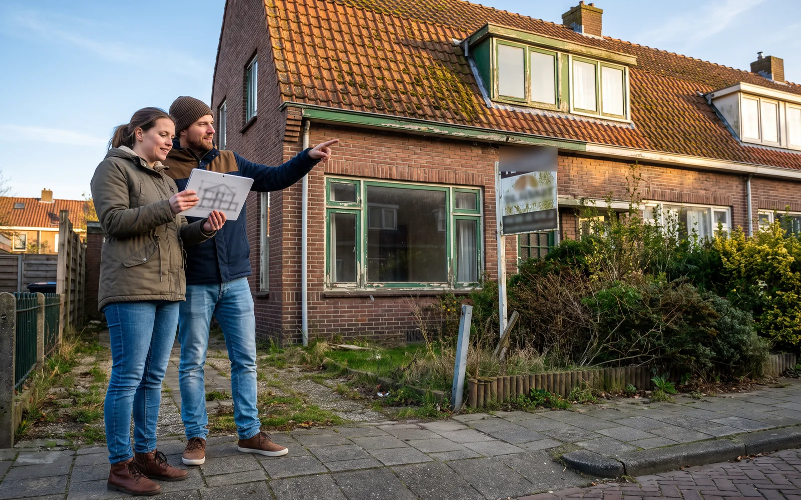 Een jong stel staat voor een oud huis met een te-koopbord en kijkt op een tablet naar de plattegrond, in warm zonlicht