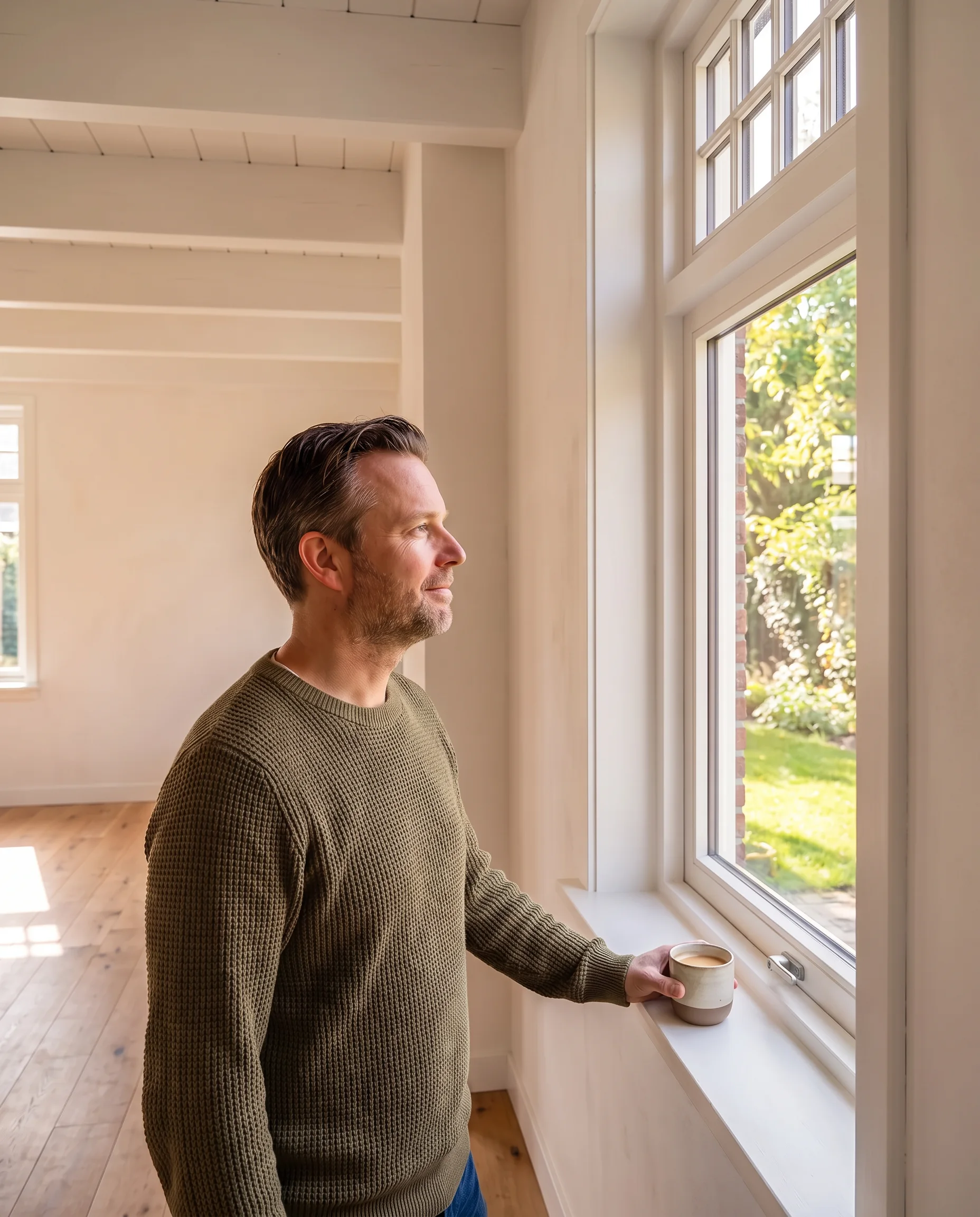 Een man zet in de zon koffie op de vensterbank van een nieuw kozijn in zijn gerenoveerde woonkamer, de oude balken opgeknapt en zichtbaar