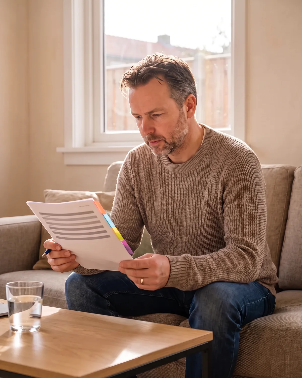 Een bewoner leest op de bank een geprinte begroting met tabbladen, een pen in de hand