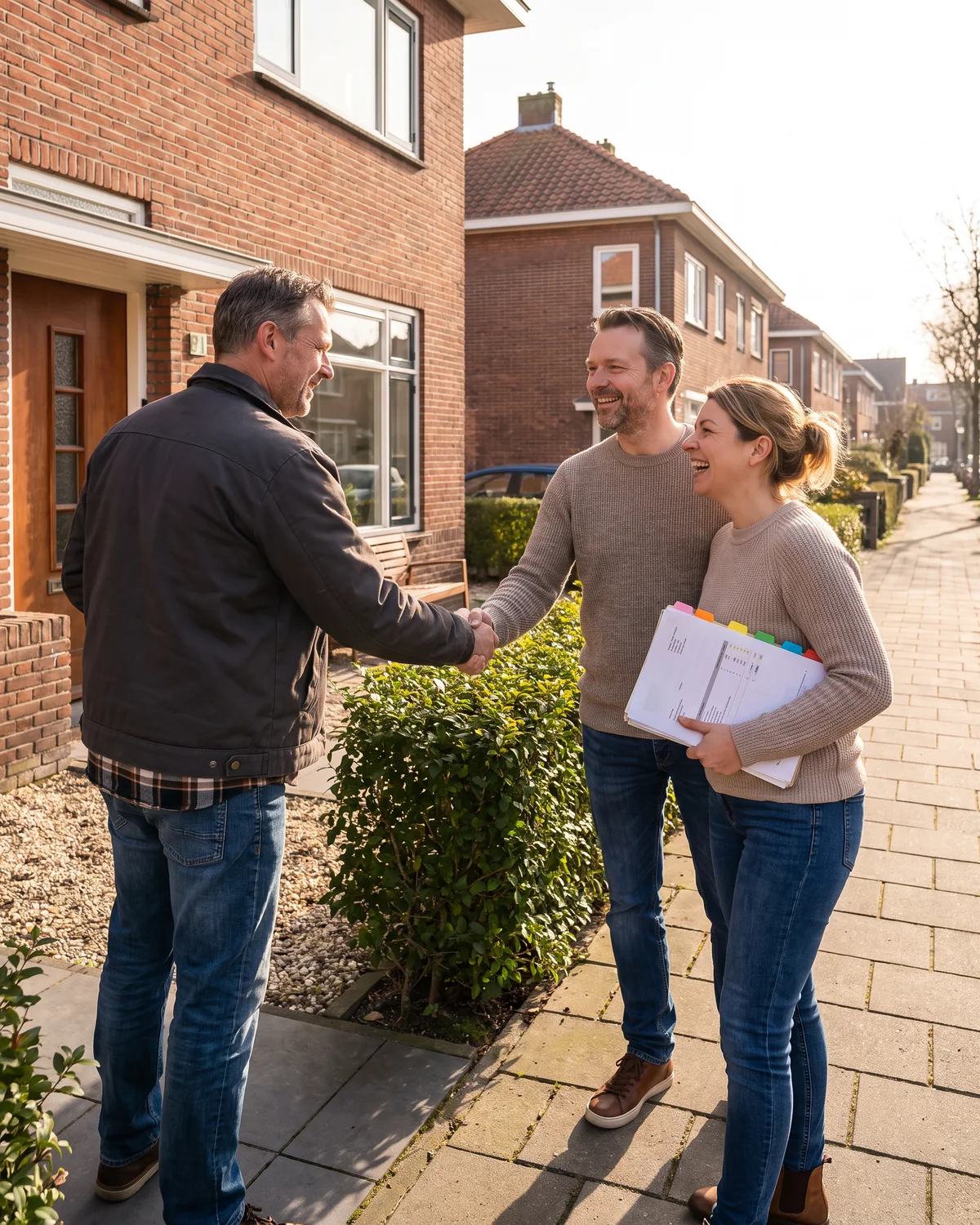De bewoners geven de bouwer in hun voortuin een hand, met de begroting onder de arm