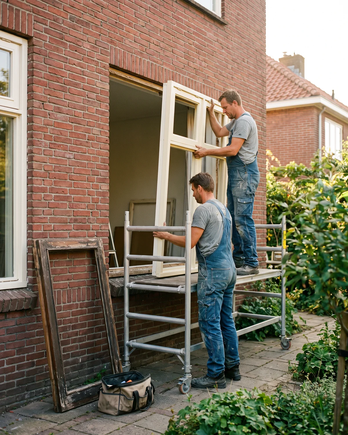 Twee timmerlieden zetten op een zonnige dag een nieuw kozijn in de gevel van een jaren-dertigwoning