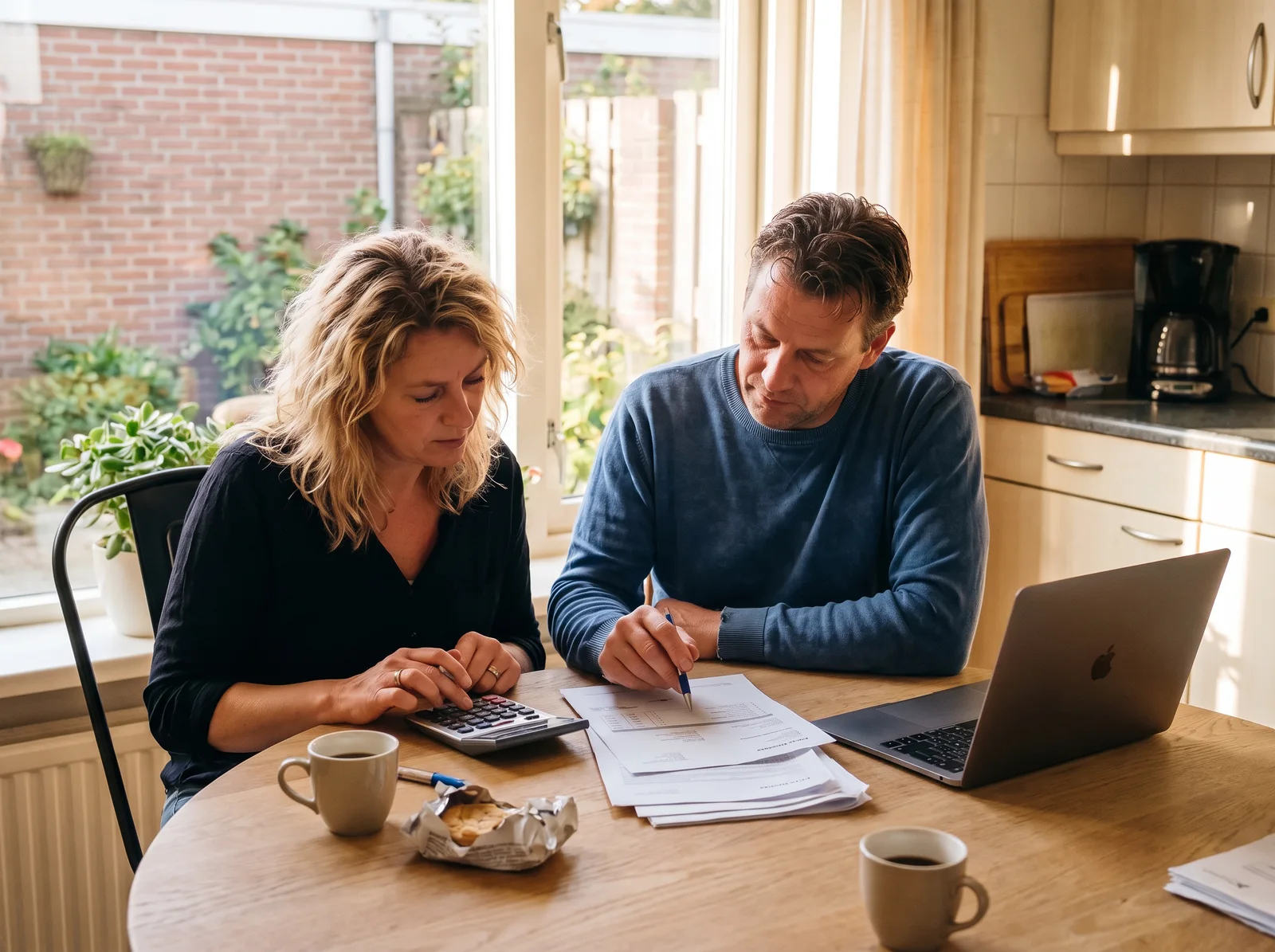 Een stel zit met een laptop en een begroting aan een ronde tafel en rekent hun verbouwing door