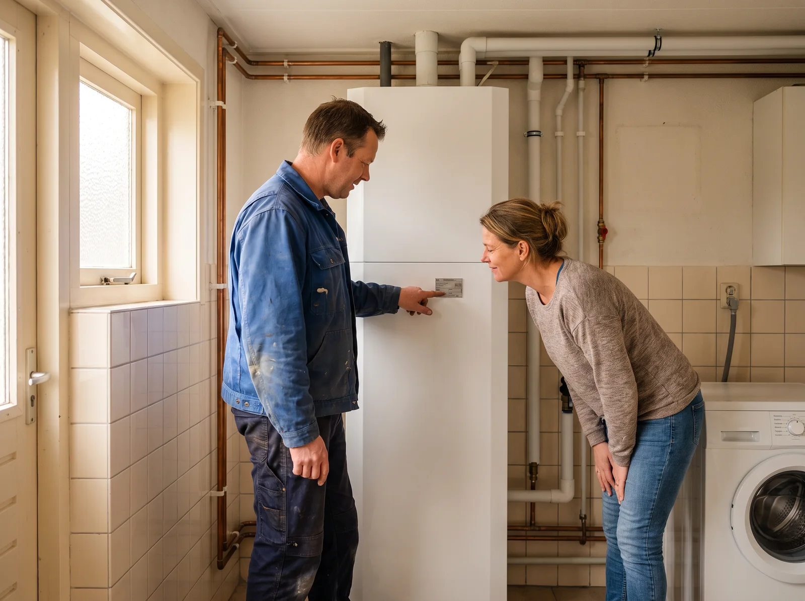 Een installateur wijst een bewoonster op het typeplaatje van een nieuwe warmtepomp in de bijkeuken