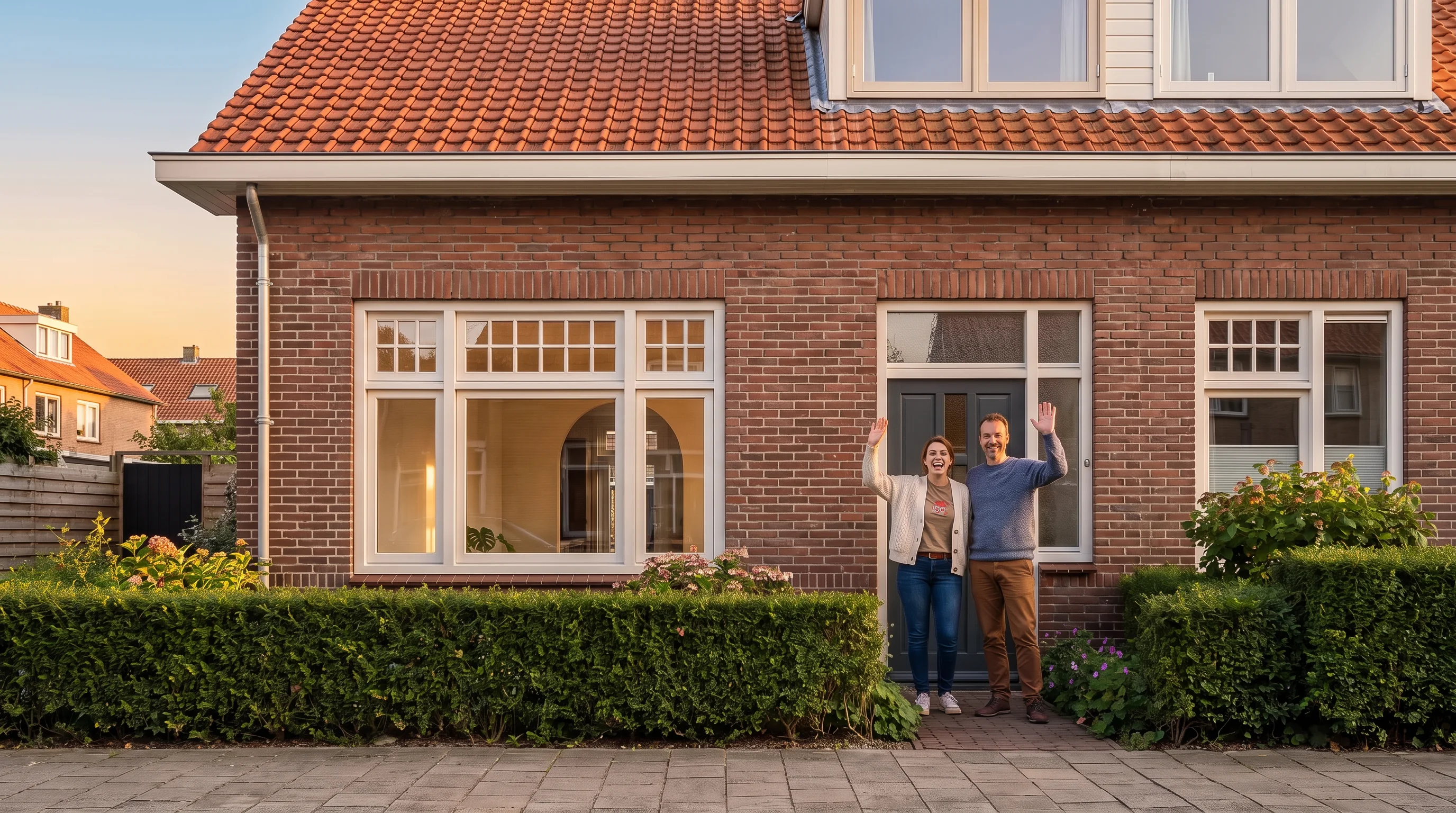 De voorgevel van een gerenoveerde jaren-dertigwoning in de avondzon, de bewoners zwaaien vanuit de open voordeur