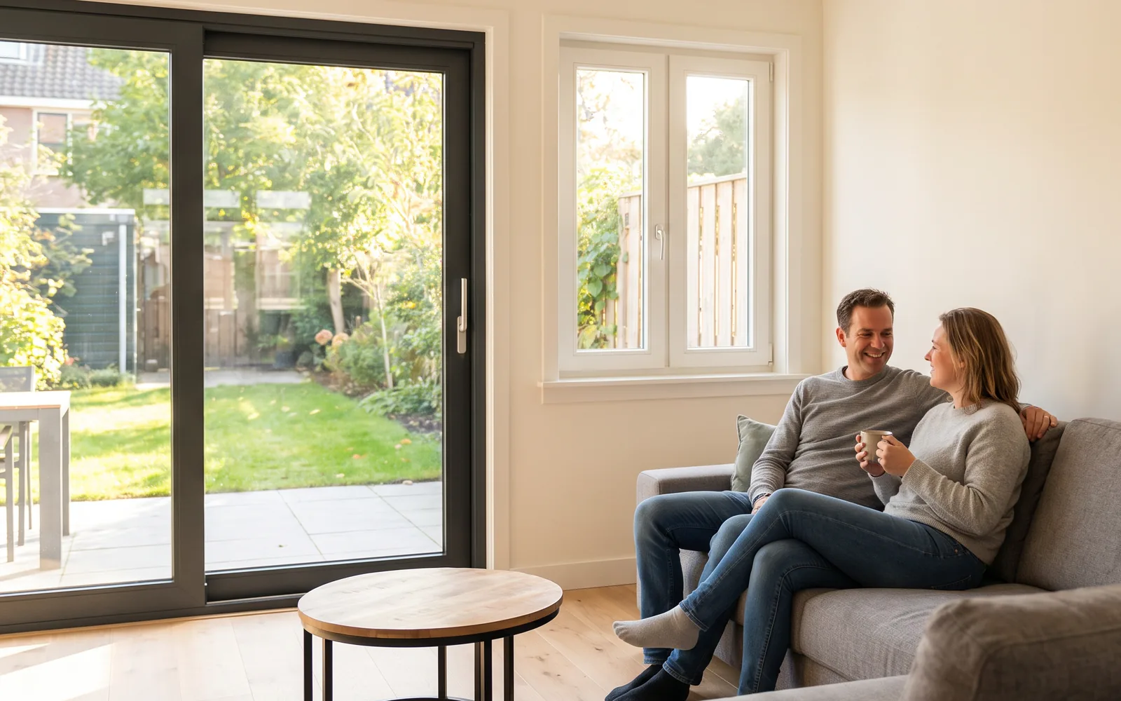 Twee bewoners zitten op een zonnige middag in de woonkamer van hun pas verbouwde jaren-dertigwoning, met nieuwe kozijnen en de tuin achter de schuifpui