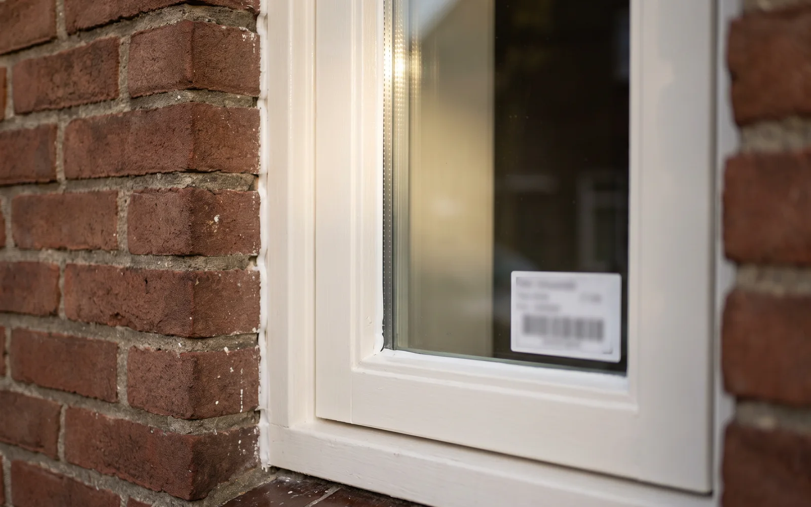 Close-up van een nieuw kozijn met HR++-glas in een bakstenen gevel, wit gelakt, met een etiket nog op het glas