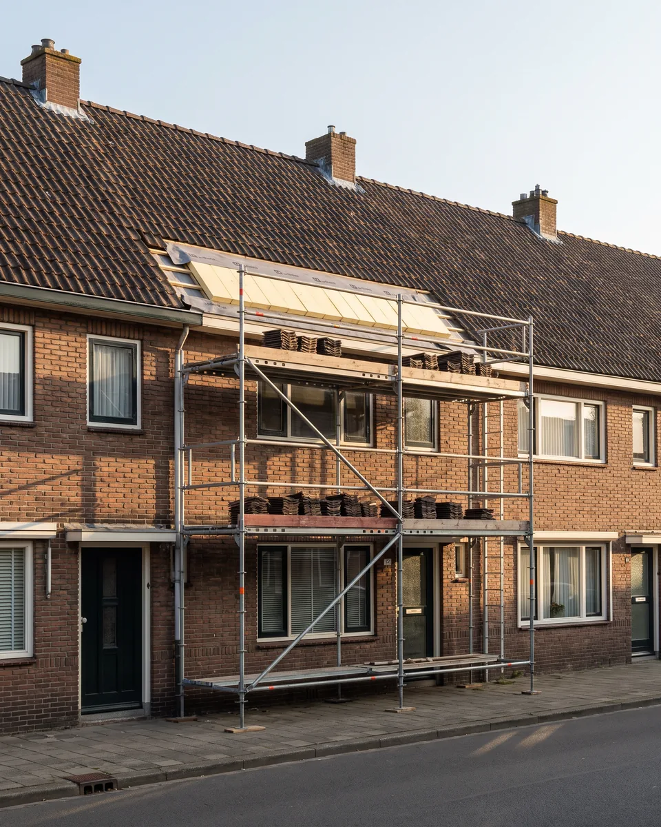 Een rijwoning met steigers langs de gevel, waar het dak aan de straatkant wordt geïsoleerd, op een zonnige ochtend