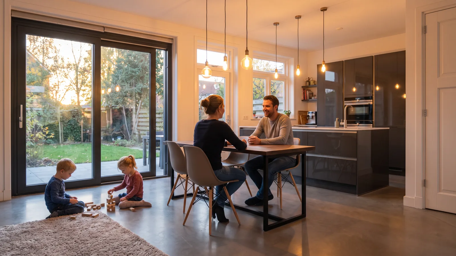 Een gezin zit aan het eind van de dag in de leefkeuken van hun verbouwde huis, met de schuifpui naar de tuin