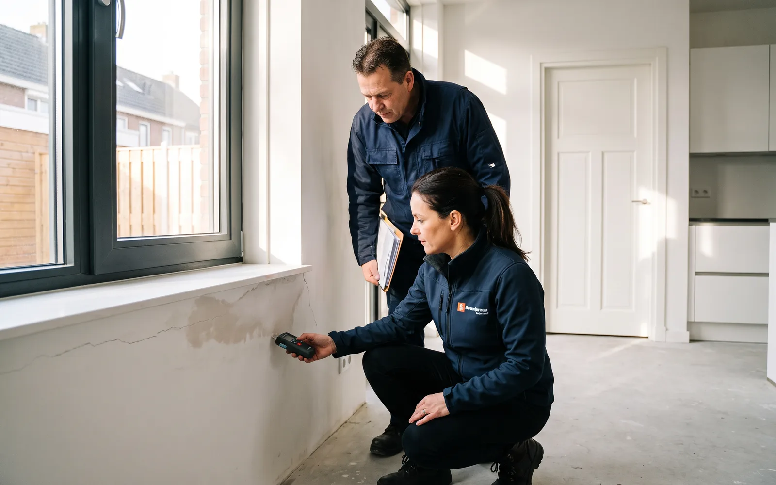 Onze bouwkundige meet in een gerenoveerde woning het vocht in de muur onder een raam; de directeur van het bouwbedrijf kijkt mee