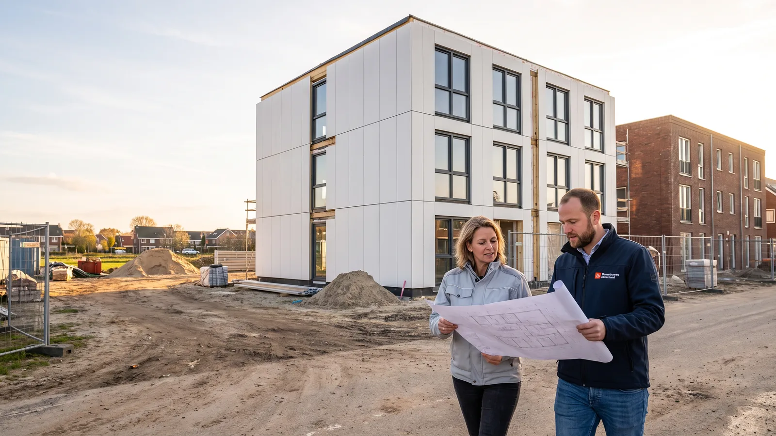 De projectleider van een bouwbedrijf en onze tekenaar bekijken samen een tekening op de bouwplaats van een appartementengebouw in houtskeletbouw