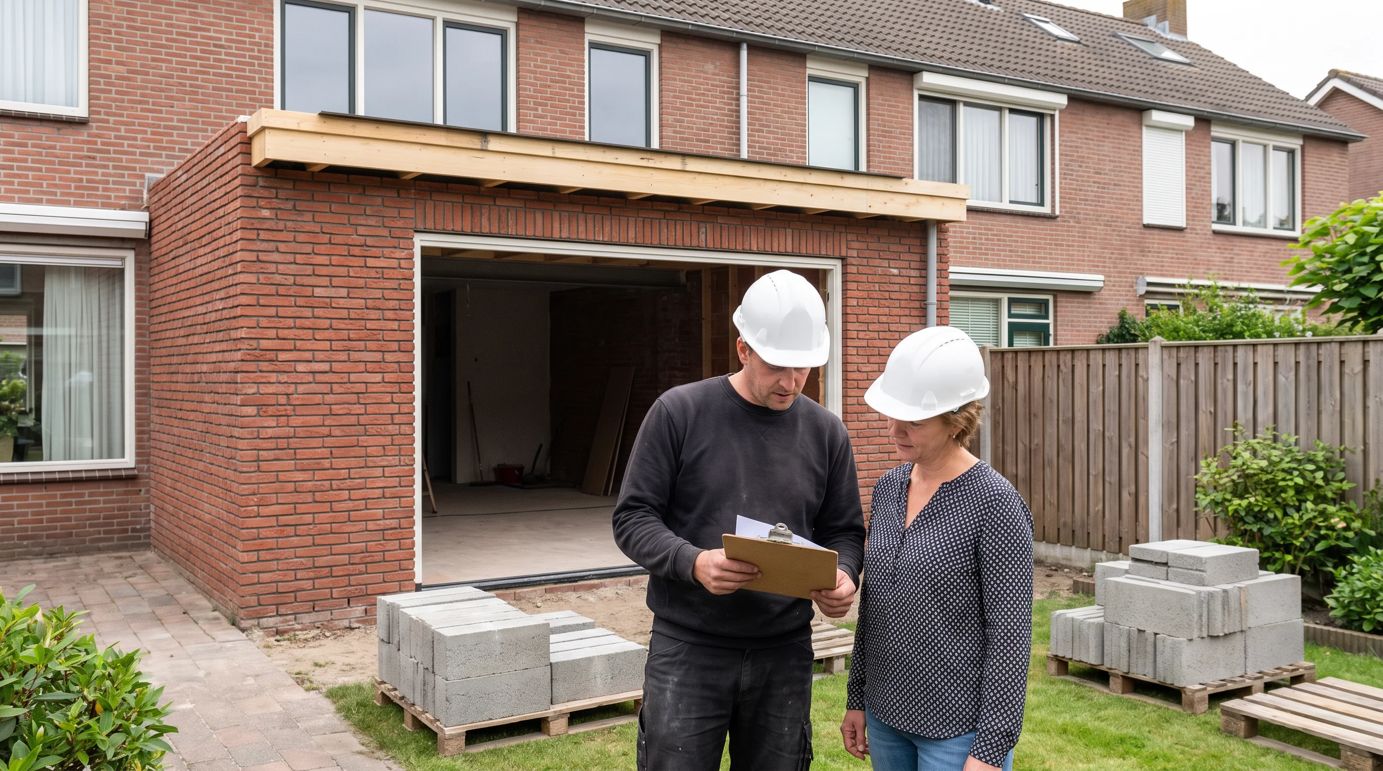 Een bouwer en een bewoner met een bouwhelm op bespreken het werk aan een aanbouw