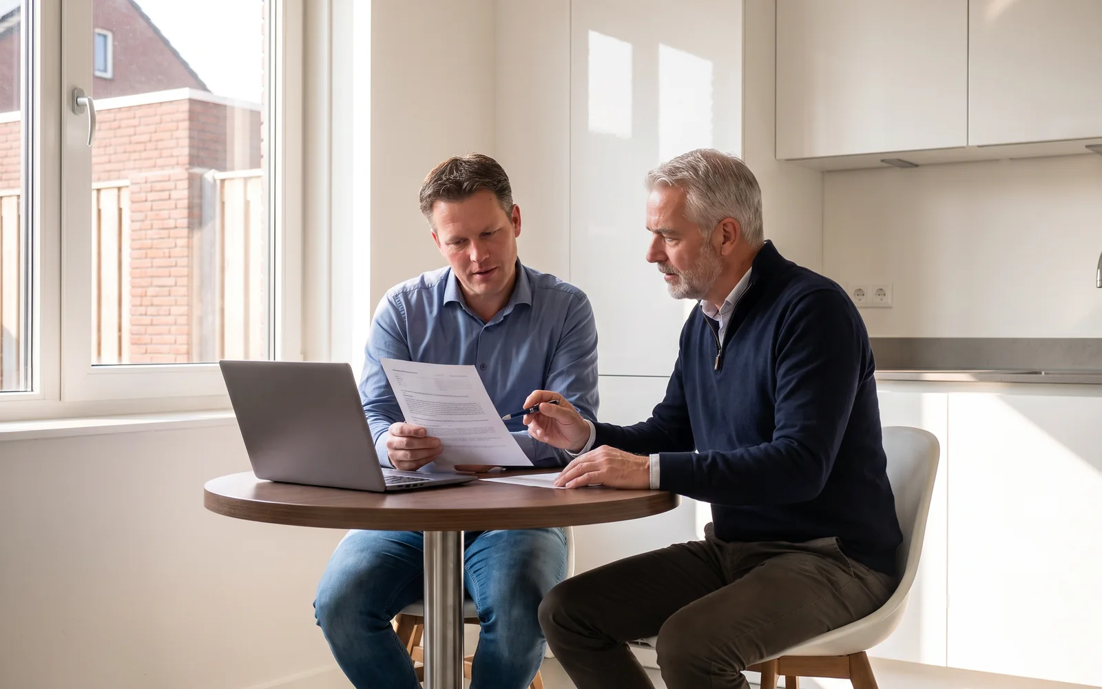 Een adviseur wijst een bewoner een stelpost aan in de offerte van een andere aannemer