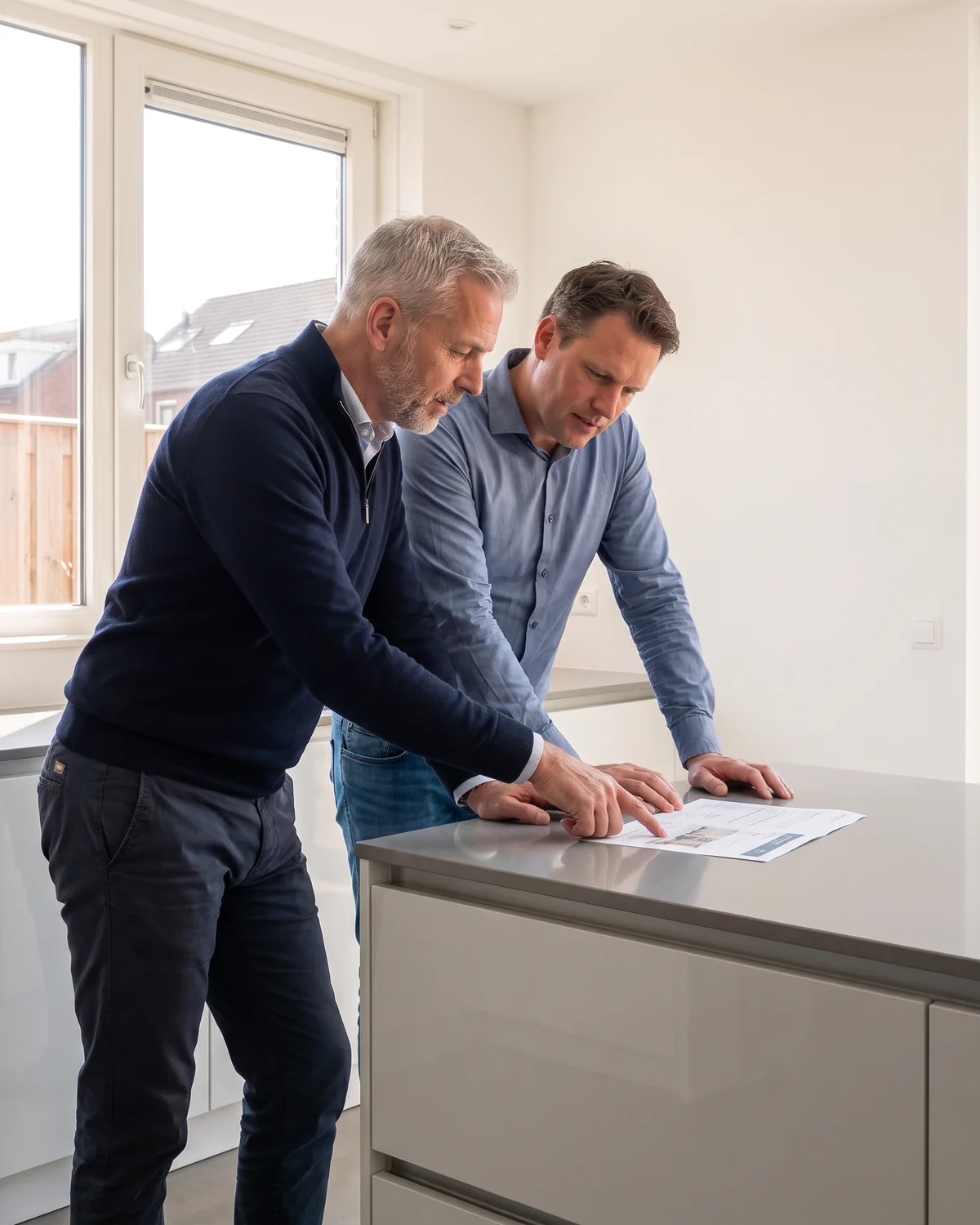 Een adviseur van ons wijst een bewoner op een regel in een offerte