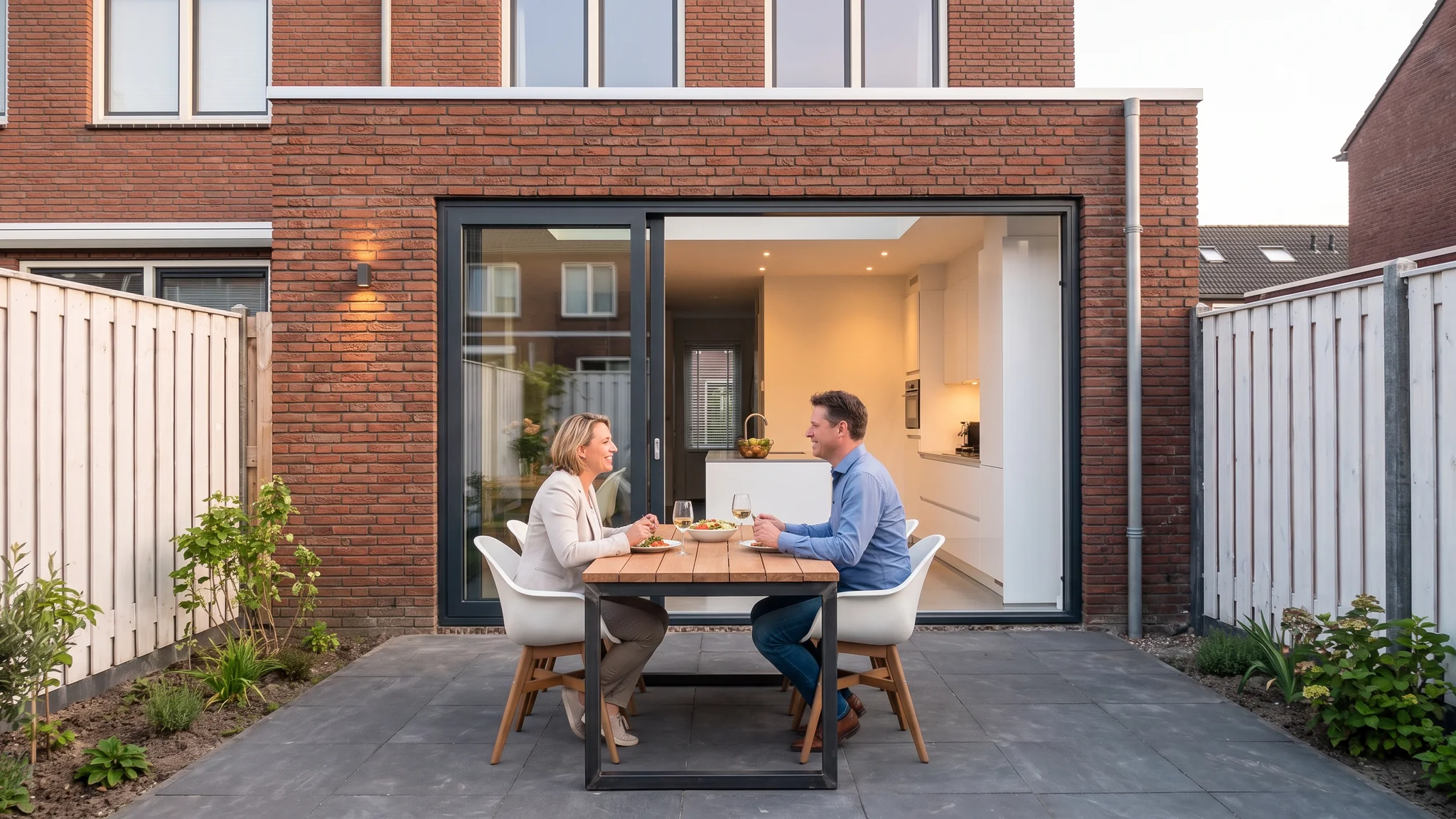 Een stel eet op een zomeravond buiten, achter hen de verlichte uitbouw met open schuifpui