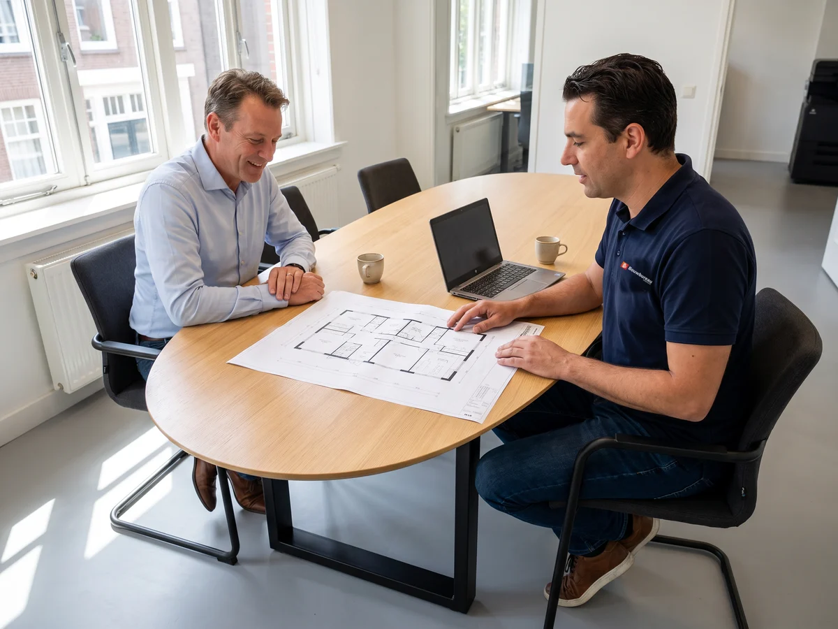Een adviseur van ons in gesprek met een ontwikkelaar aan tafel, met tekeningen tussen hen in