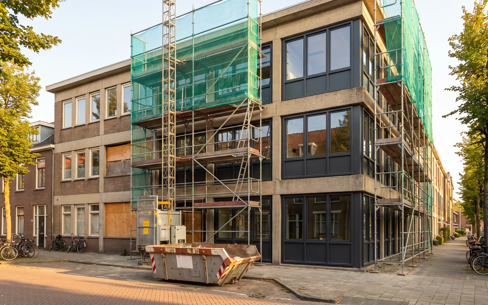 Een oud kantoorpand in de steigers dat appartementen wordt