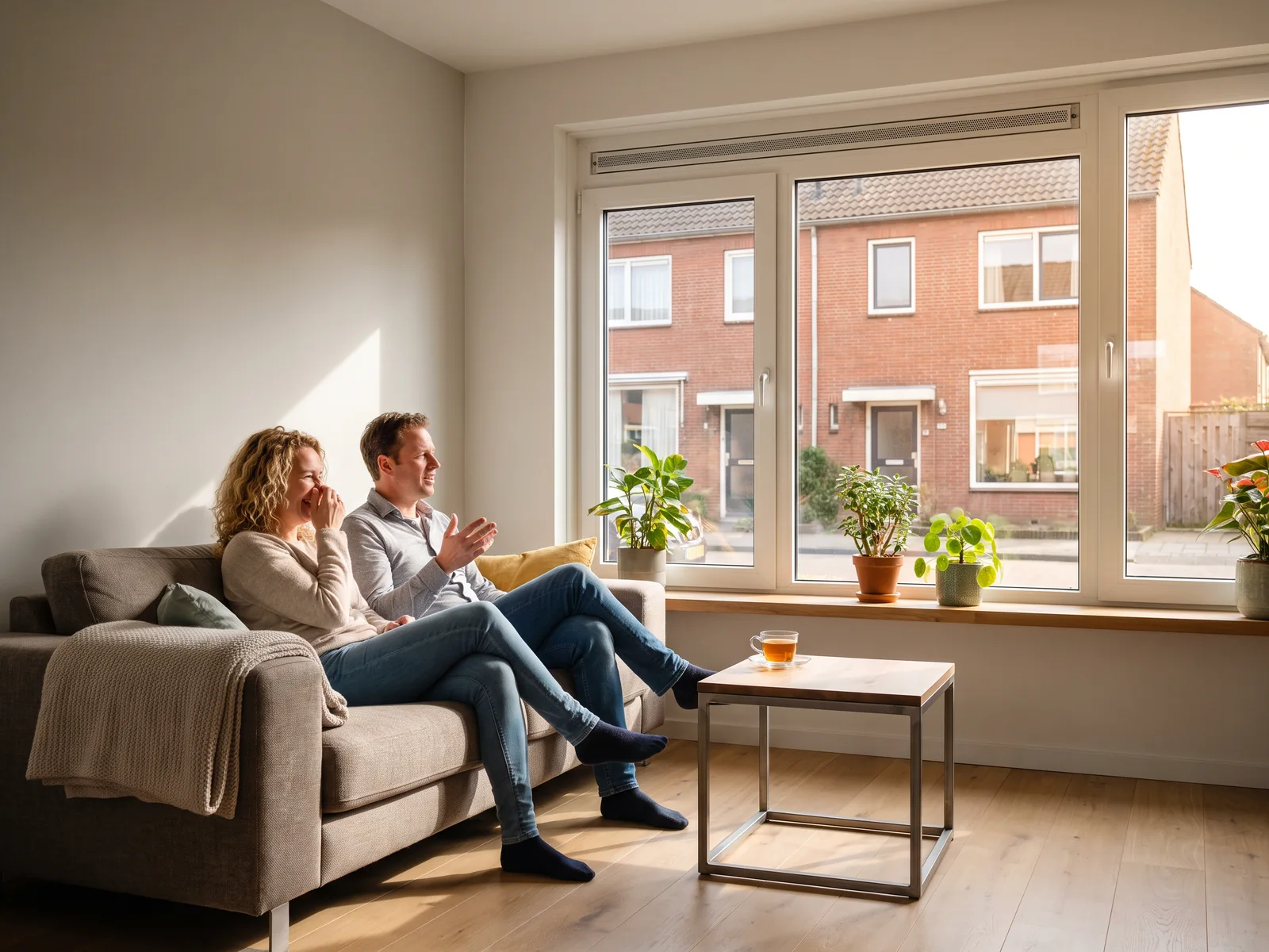 Bewoners van rond de veertig zitten in de zon op de bank in de woonkamer van hun rijwoning, met nieuwe witte kozijnen en een warme, lichte kamer