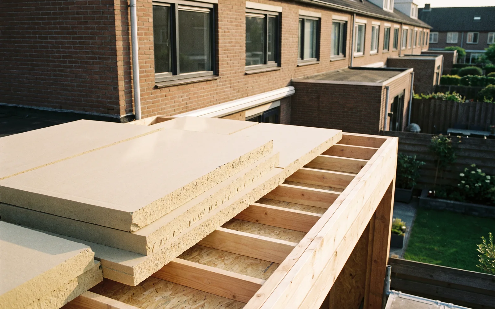 Close-up van isolatieplaten die op het dak van een nieuwe aanbouw worden gelegd, in de zon, met de achtergevel van het huis erachter