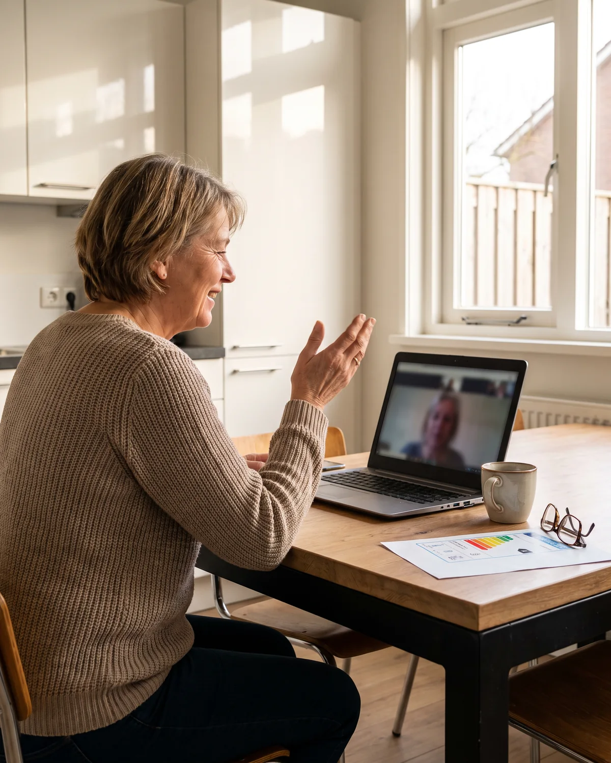 Een vrouw van in de zestig zit aan haar keukentafel met een laptop open voor een videogesprek, haar energielabel naast zich