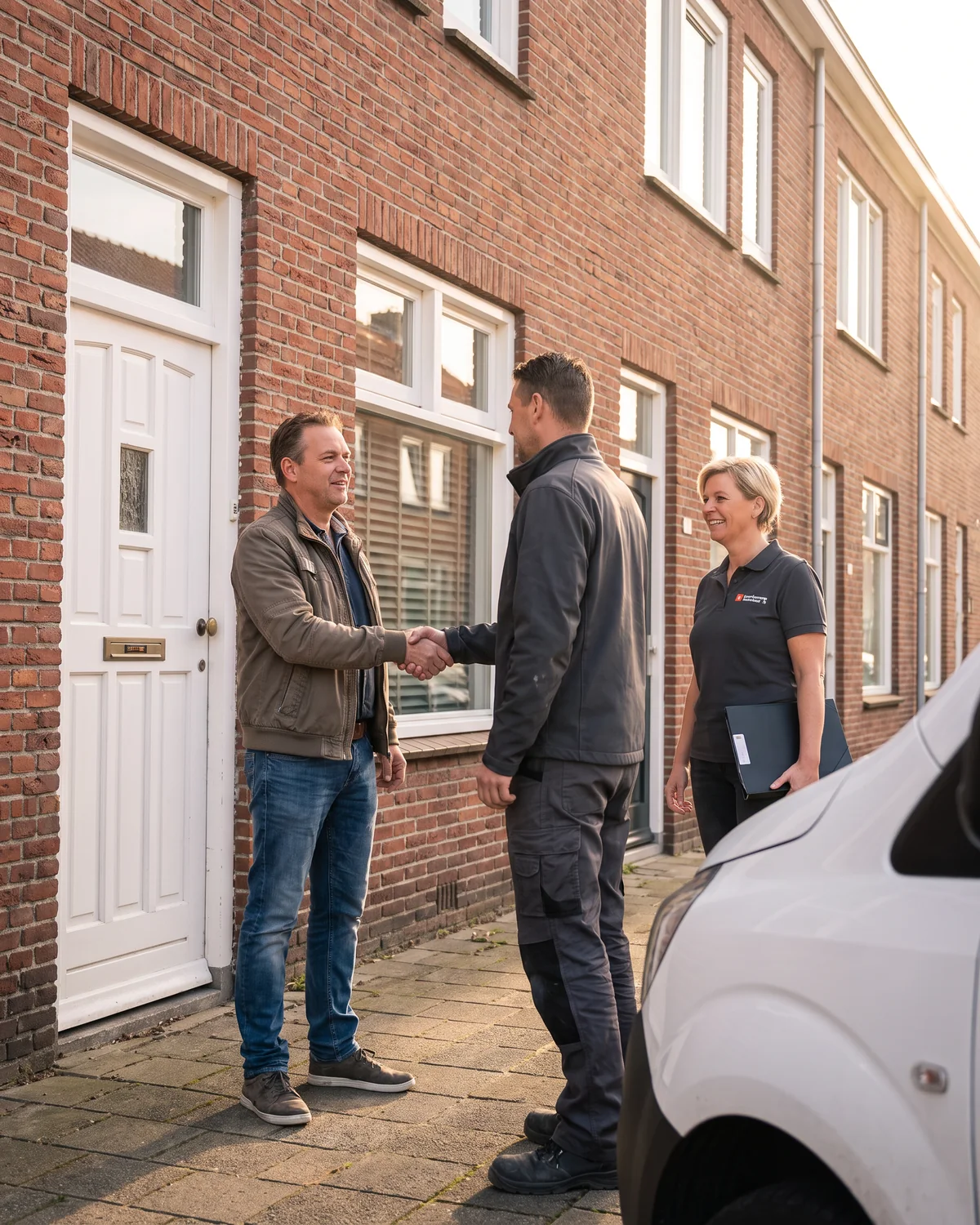 Een bewoner geeft voor zijn huis een installateur een hand, met een adviseur van Bouwbureau Nederland erbij