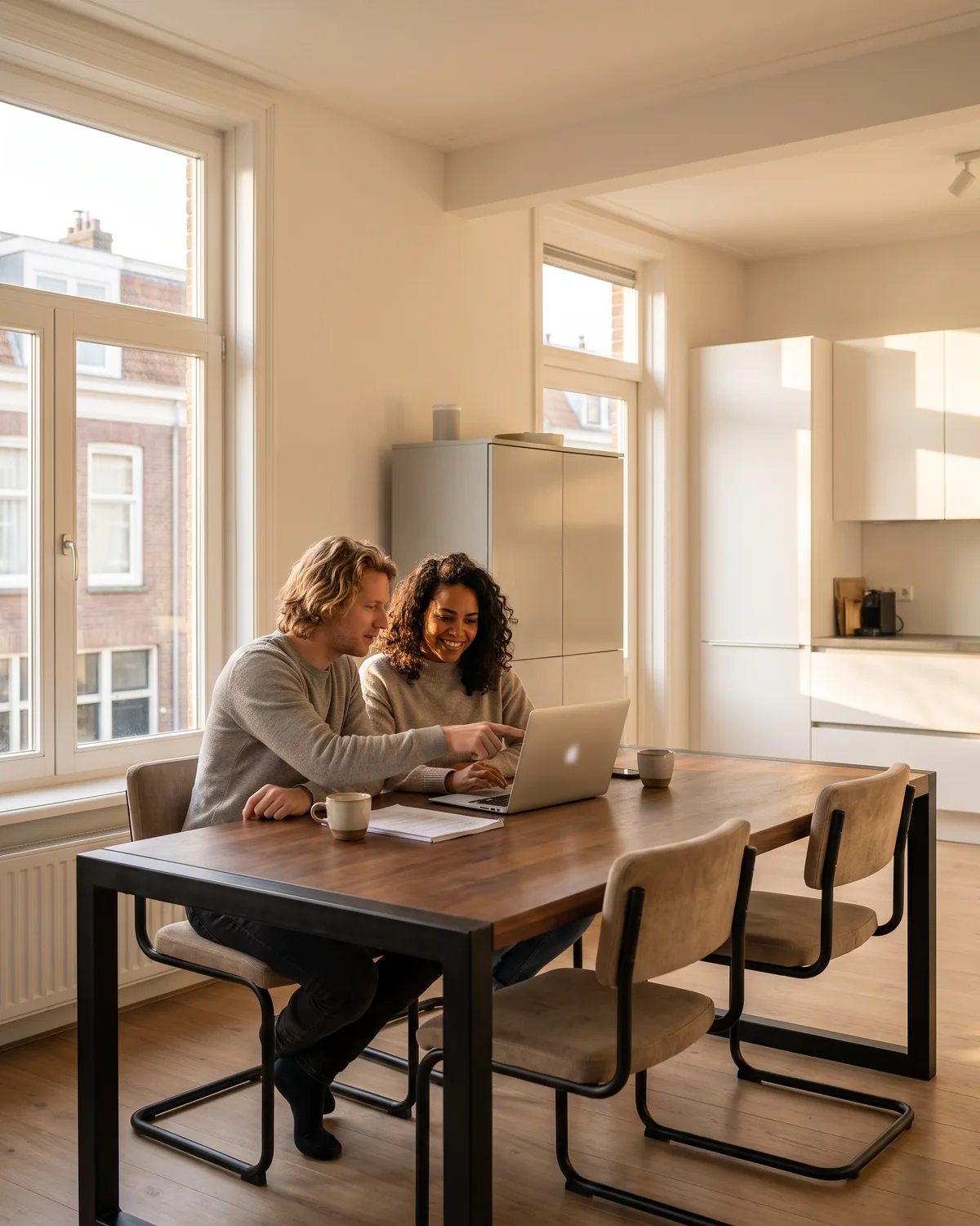 Bewoners aan de eettafel in hun warme huis bekijken de facturen op een laptop, met een kop koffie erbij