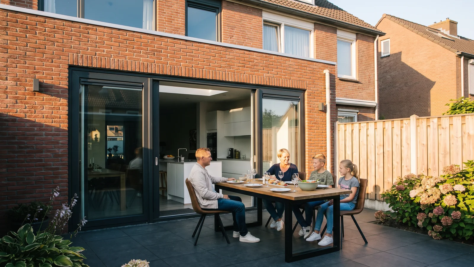 Een rijwoning met een nieuwe uitbouw in de avondzon, met een gedekte tafel in de tuin