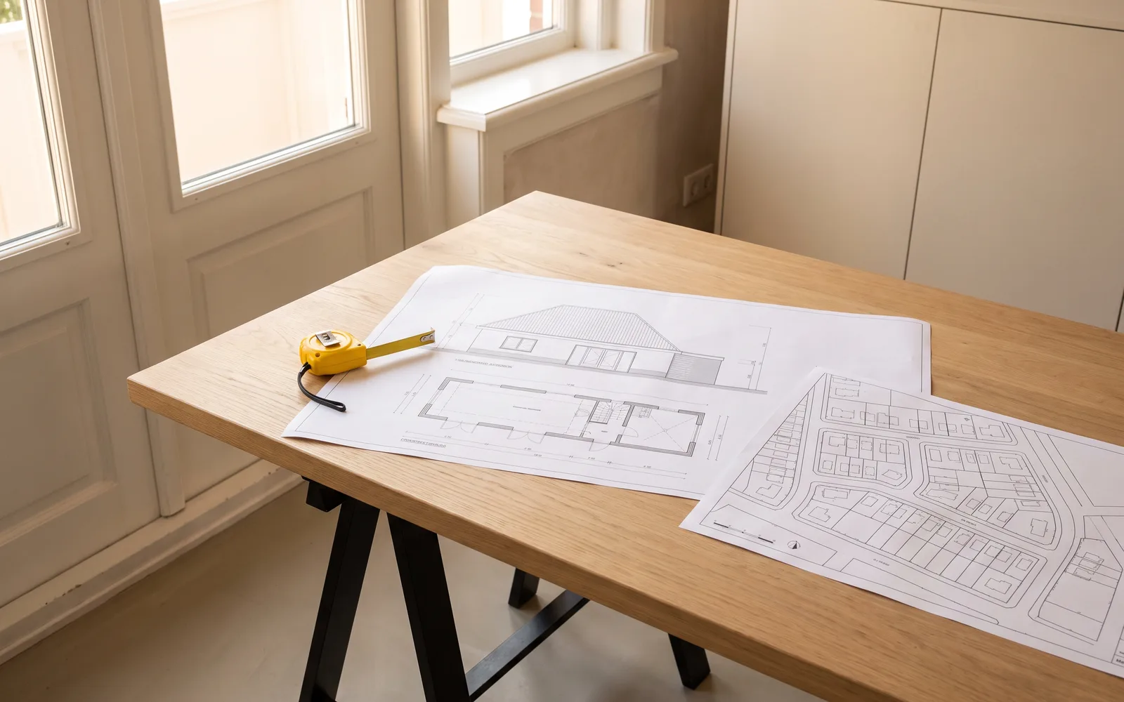 Een bouwtekening van een uitbouw met een rolmaat en een kaart van de straat op een tafel