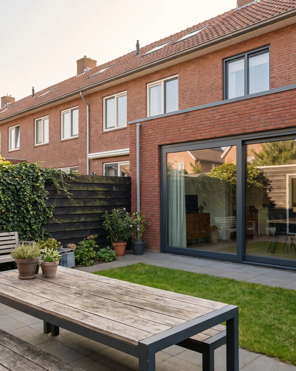 Een nieuwe uitbouw naast een schutting op de erfgrens, in de middagzon
